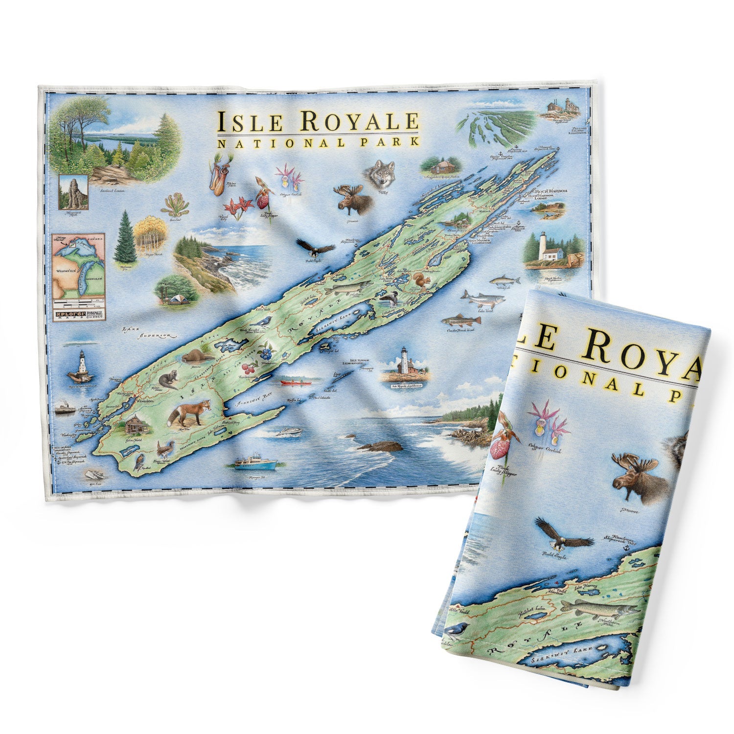 Isle Royale National Park Map Kitchen Dishwashing Towel in earth tones of blues and greens. The tea towel's map of Isle Royale shows an island in Lake Superior off the coasts of Minnesota and Michigan featuring wolves, moose, Pink Lady Slippers, and Thimbleberries. Other illustrations include Lookout Louise, Rock of Ages Lighthouse, and the Rocky Harbor Lodge.