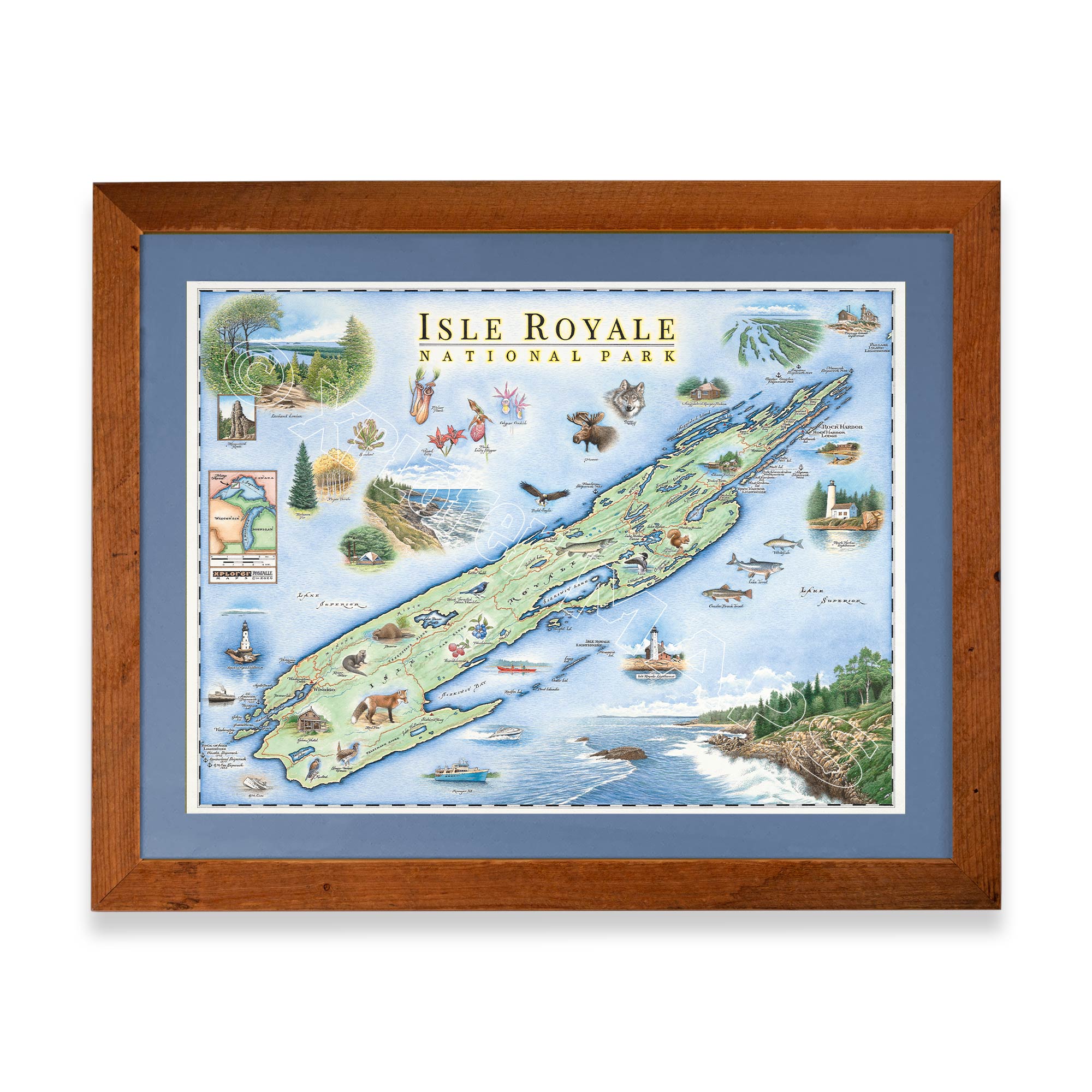Isle Royale National Park Hand-Drawn Map. The print is framed in  Montana's Flathead Lake Larch with a blue mat. 