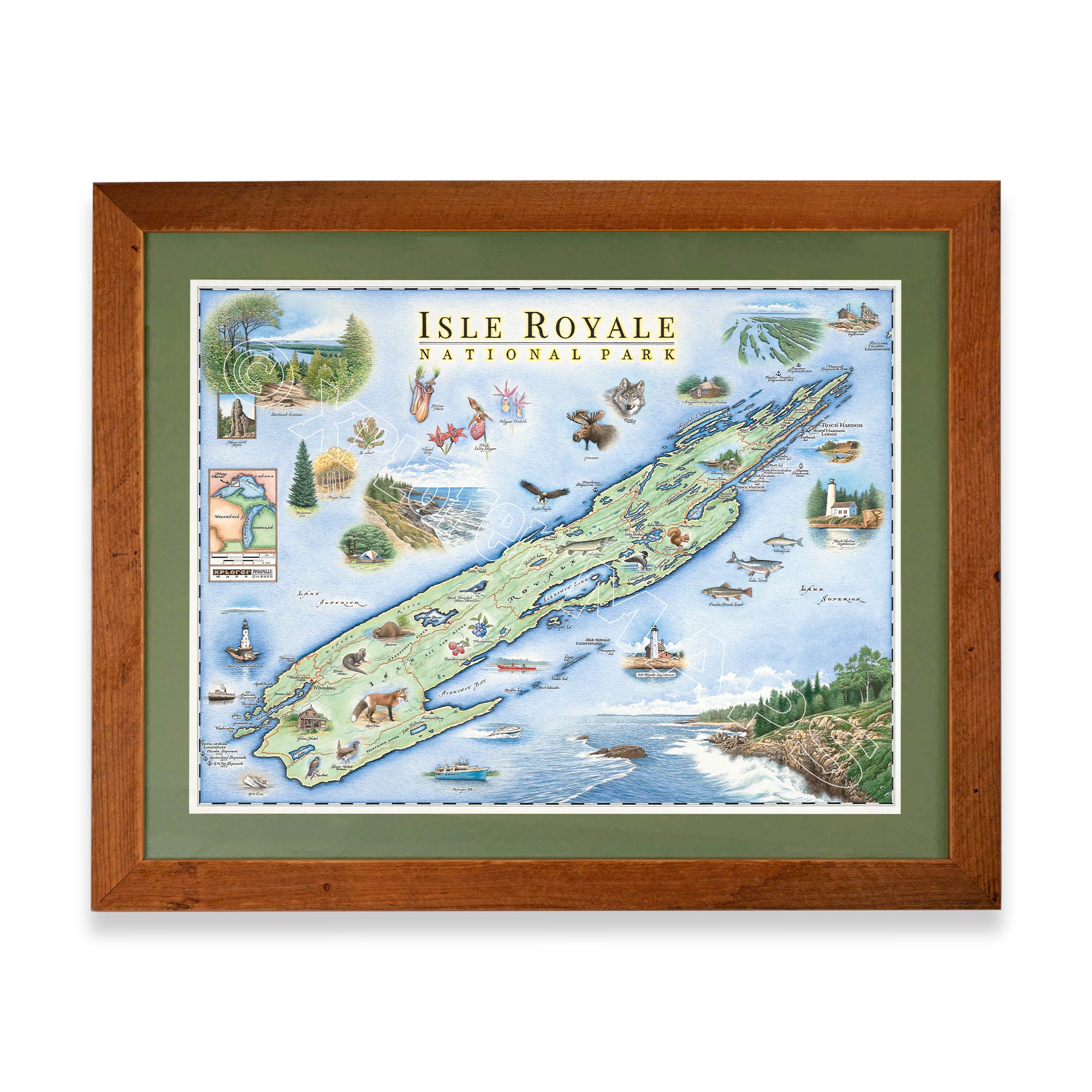 Isle Royale National Park Hand-Drawn Map. The print is framed in  Montana's Flathead Lake Larch with a green mat. 