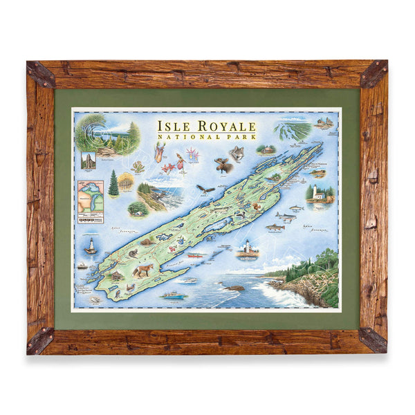 Isle Royale National Park Hand-Drawn Map in earth tones blues and greens. The map print is framed in Montana hand-scraped pine with a green mat.