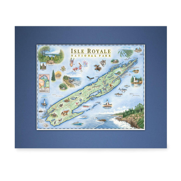Isle Royale National Park Mini-Map by Xplorer Maps in earth tones blue and green. Isle Royale is an island in Lake Superior off the coasts of Minnesota and Michigan. The map features flora and fauna such wolf, moose, Pink Lady Slippers, and Thimbleberries. Other illustrations include Lookout Louise, Rock of Ages Lighthouse, and the Rocky Harbor Lodge. 