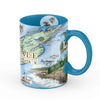 Blue 16 oz Isle Royale National Park map ceramic coffee mug. The cup features fish, lighthouse, moose, wolf, trees, and lake. 