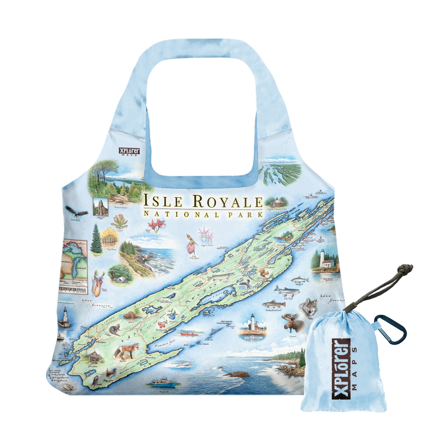 Michigan's Isle Royale National Park Map Pouch Tote Bags by Xplorer Maps. The map features flora and fauna such wolf, moose, Pink Lady Slippers, and Thimbleberries. Other illustrations include Lookout Louise, Rock of Ages Lighthouse, and the Rocky Harbor Lodge. 