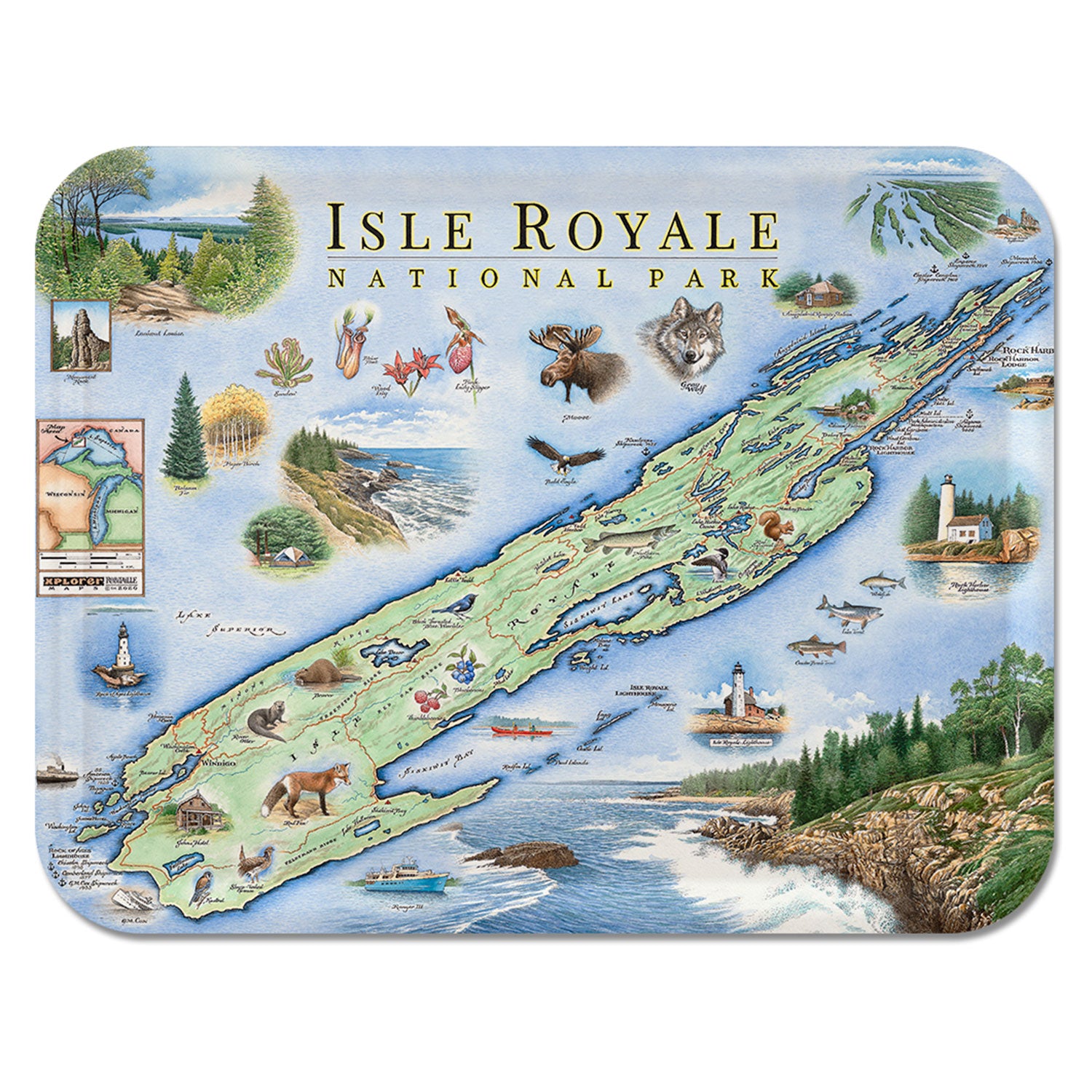 A handcrafted birchwood serving tray featuring a hand-illustrated map of Isle Royale National Park by artist Chris Robitaille, with a durable matte melamine finish.