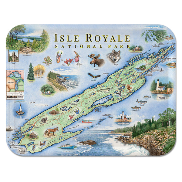 A handcrafted birchwood serving tray featuring a hand-illustrated map of Isle Royale National Park by artist Chris Robitaille, with a durable matte melamine finish.