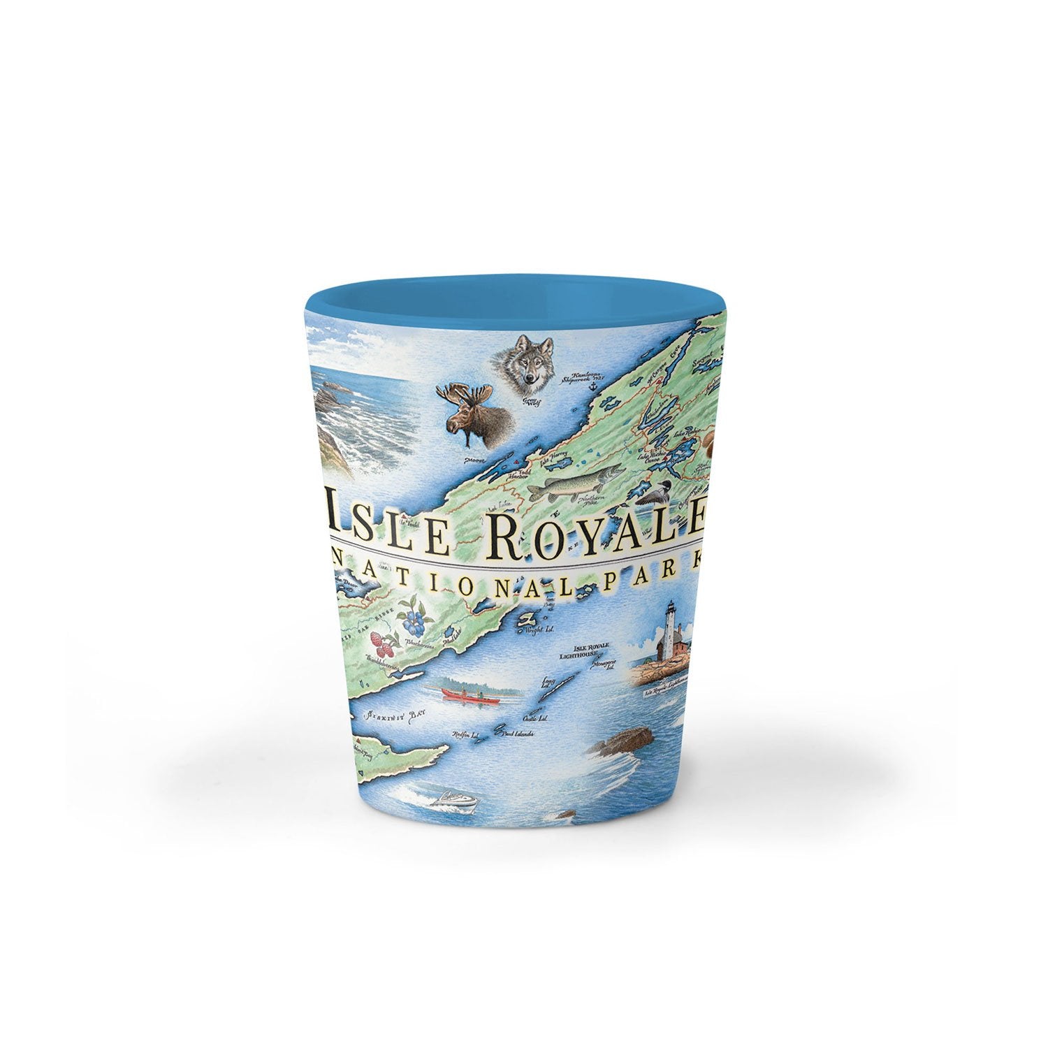 Isle Royale National Park Map Ceramic shot glass by Xplorer Maps. The map features flora and fauna such wolf, moose, Pink Lady Slippers, and Thimbleberries. Other illustrations include Lookout Louise, Rock of Ages Lighthouse, and the Rocky Harbor Lodge. 