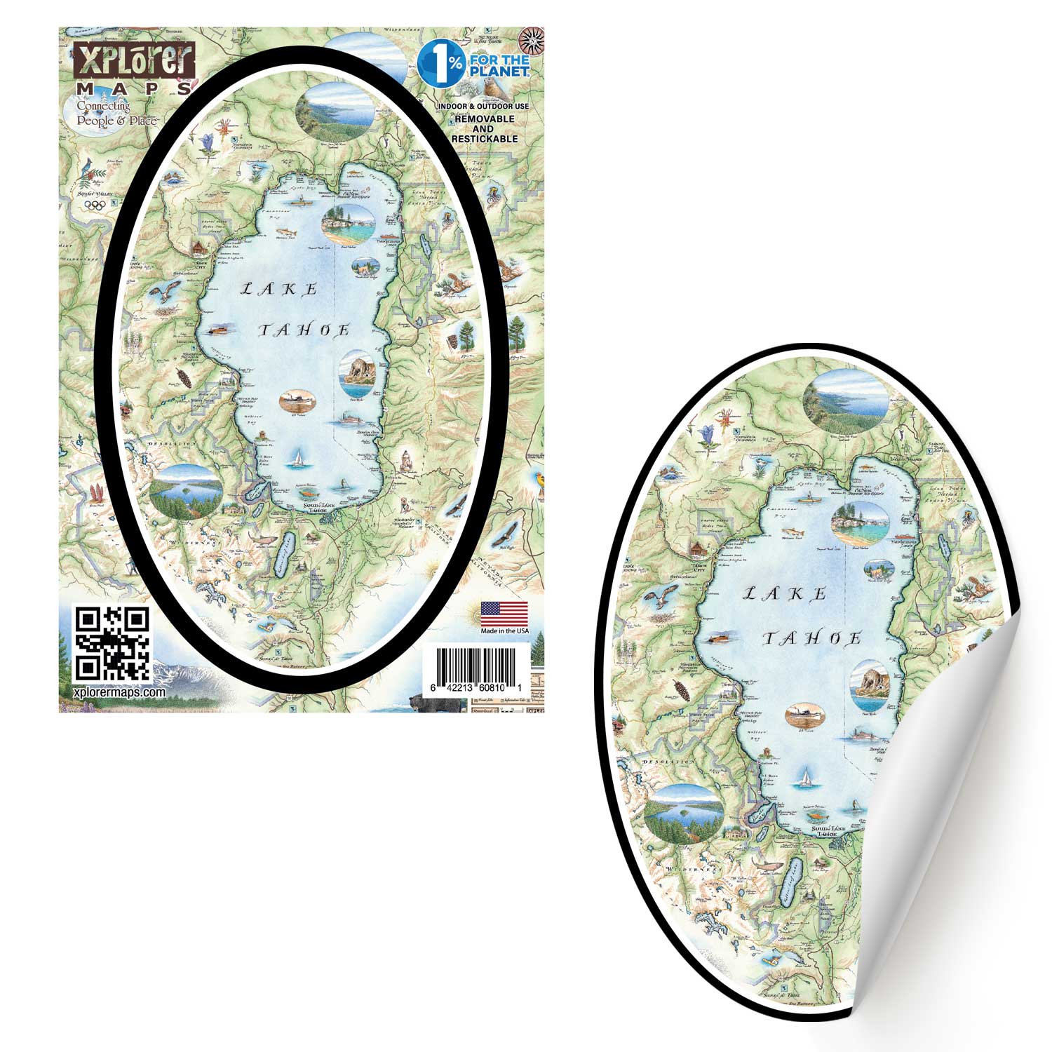 Lake Tahoe Map Stickers by Xplorer Maps.  The map features the land's topography along with the area's flora and fauna, such as Emerald Bay, Cove Rock, Thunderbird Lodge, and Cal Neva Lodge & Resort. A hand-illustrated black bear with cubs is in the bottom right corner. 