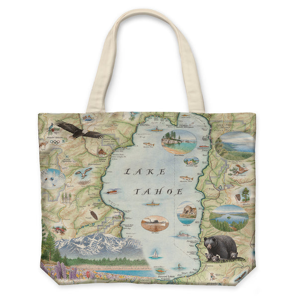Lake Tahoe Canvas Tote Bags by Xplorer Maps. The map features the land's topography along with the area's flora and fauna, such as Emerald Bay, Cove Rock, Thunderbird Lodge, and Cal Neva Lodge & Resort.