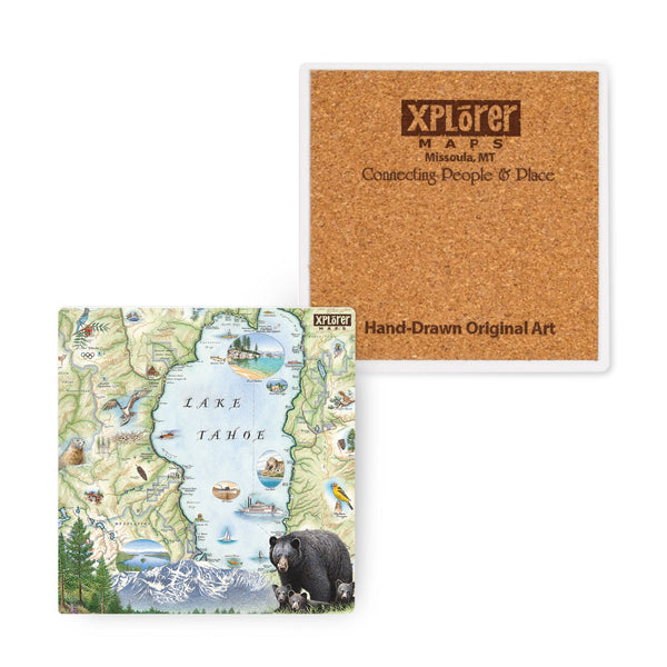 4" x 4" Lake Tahoe Map Ceramic Coasters by Xplorer Maps. The map features the land's topography along with the area's flora and fauna, such as Emerald Bay, Cove Rock, Thunderbird Lodge, and Cal Neva Lodge & Resort. Hand illustrated black bear with cubs is on the bottom right corner. 