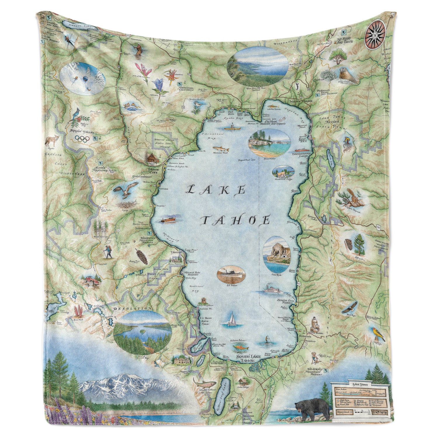 Artistic map of Lake Tahoe on a warm blanket.