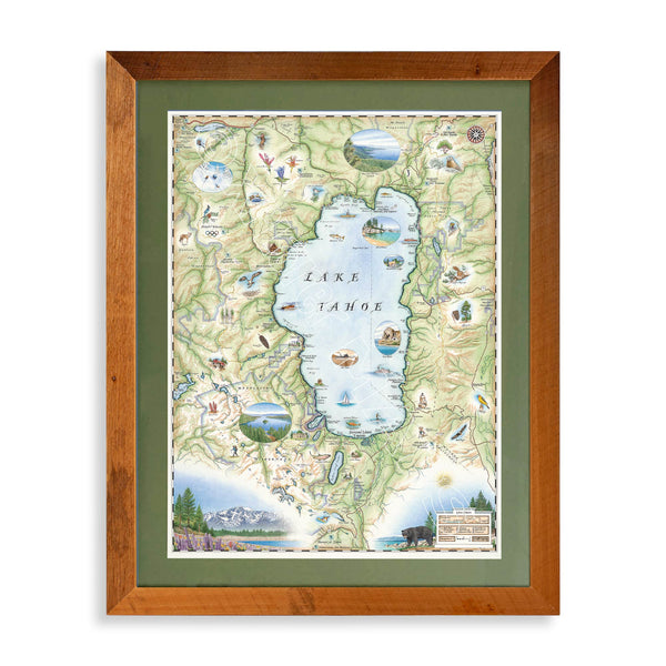 Lake Tahoe Hand-Drawn Map. The print is framed in  Montana's Flathead Lake Larch with a green mat. 