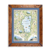 Lake Tahoe Hand-Drawn Map in earth tones blues and greens. The map print is framed in Montana hand-scraped pine with a blue mat.