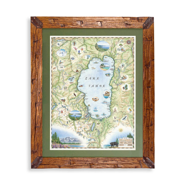  Lake Tahoe Hand-Drawn Map in earth tones blues and greens. The map print is framed in Montana hand-scraped pine with a green mat.