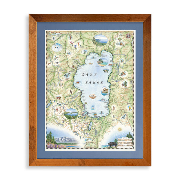Lake Tahoe Hand-Drawn Map. The print is framed in  Montana's Flathead Lake Larch with a blue mat. 
