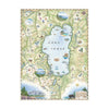 Lake Tahoe Hand-drawn map in colors green and blue. Bordering Nevada, this destination map features the land's topography along with the area's flora and fauna, such as Emerald Bay, Cove Rock, Thunderbird Lodge, and Cal Neva Lodge & Resort.