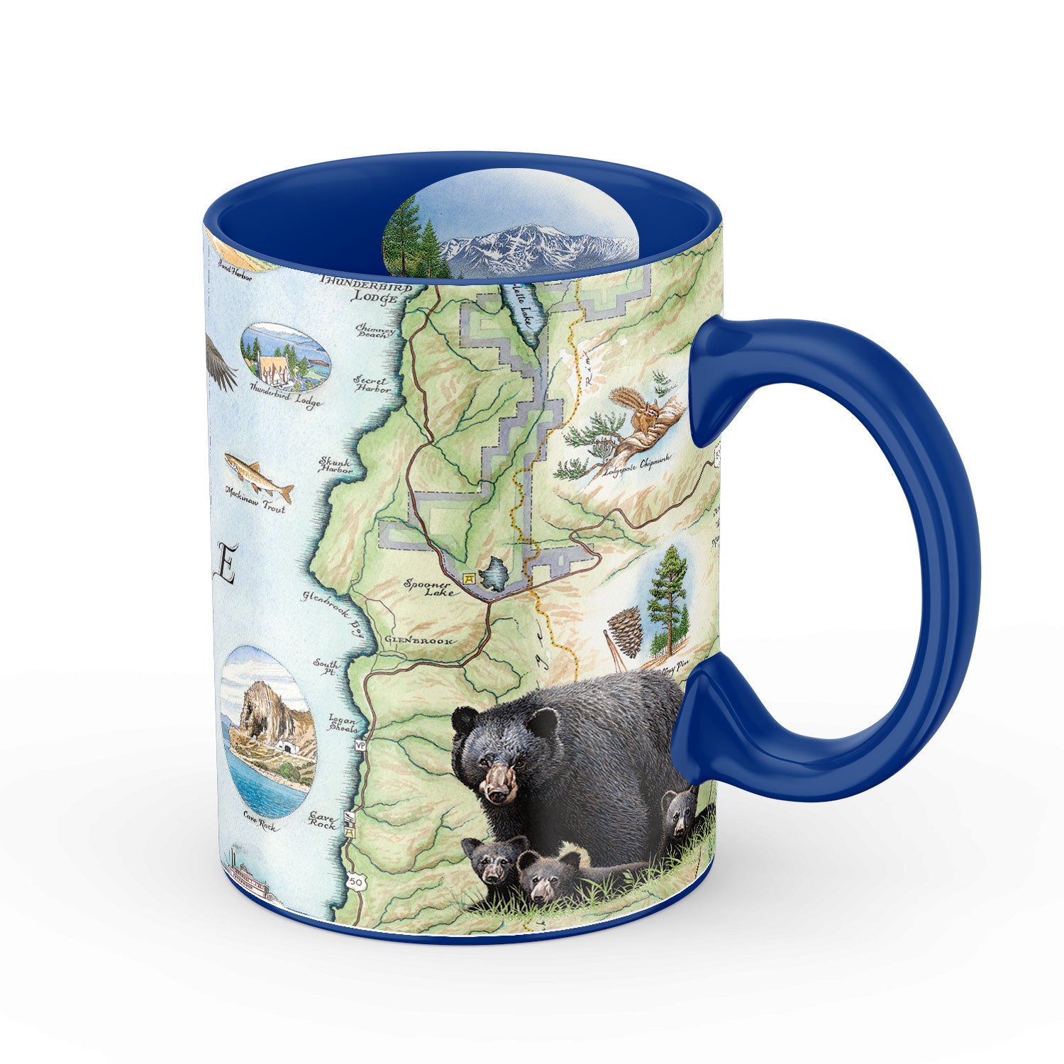 Blue 16 oz Lake Tahoe map ceramic coffee mug. The cup features bear, fish, Emerald Bay State Park, Spooner Lake, Cove Rock, and Thunderbird Lodge.