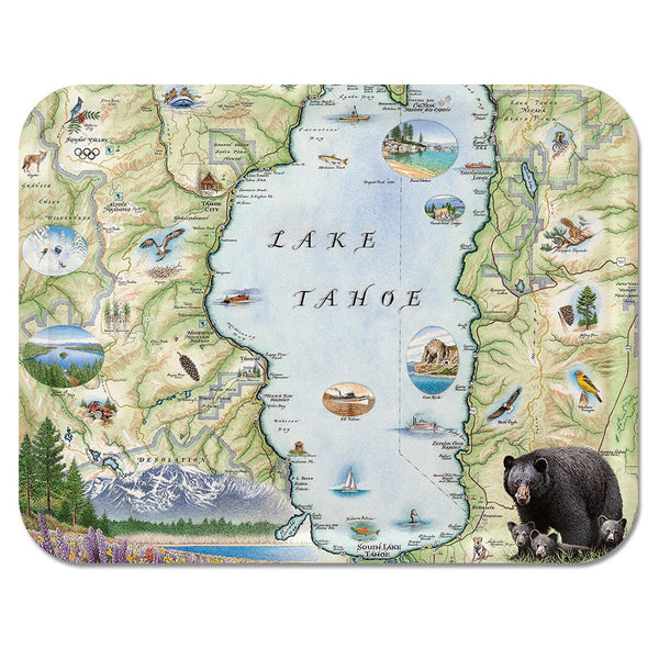 A handcrafted birchwood serving tray featuring a hand-illustrated map of Lake Tahoe by artist Chris Robitaille, with a durable matte melamine finish.