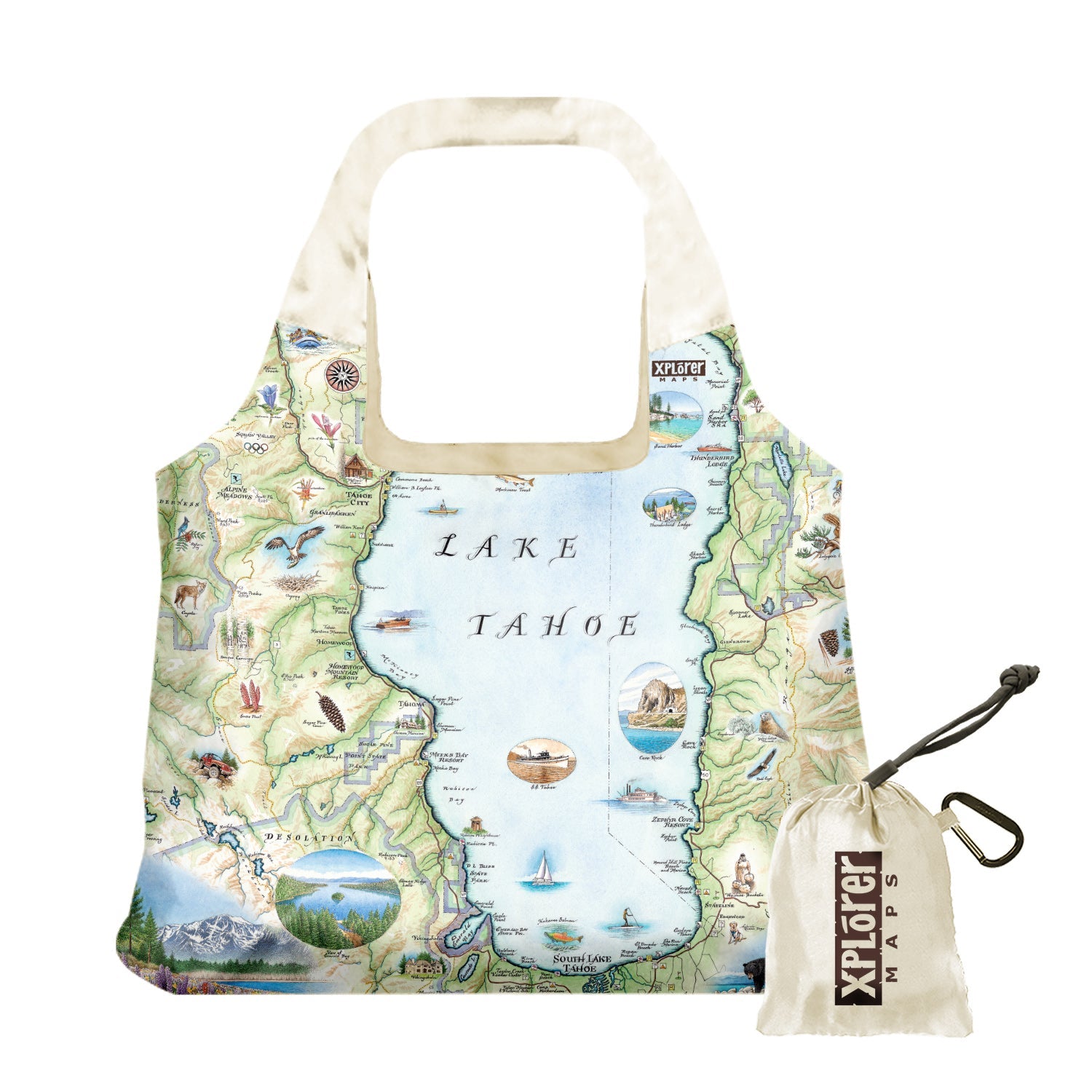 Lake Tahoe Pouch Tote Bags by Xplorer Maps. The map features the land's topography along with the area's flora and fauna, such as Emerald Bay, Cove Rock, Thunderbird Lodge, and Cal Neva Lodge & Resort.