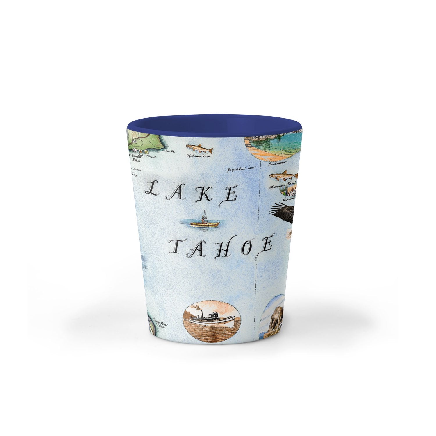 Lake Tahoe Map Ceramic shot glass by Xplorer Maps. The map features the land's topography along with the area's flora and fauna, such as Emerald Bay, Cove Rock, Thunderbird Lodge, and Cal Neva Lodge & Resort. A hand-illustrated black bear with cubs is in the bottom right corner. 