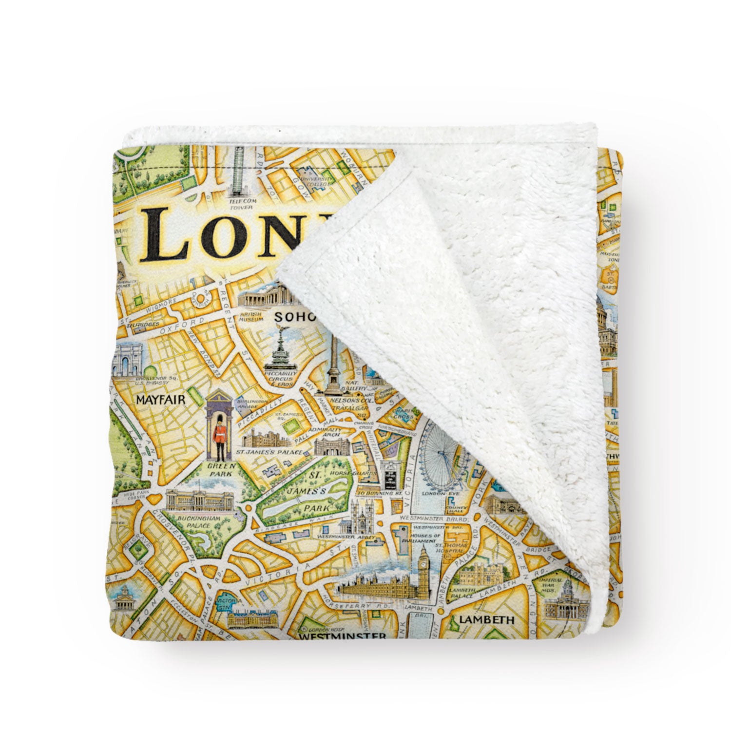 Folded blanket with a map of London on it. The blanket is a soft and cozy fleece. Full-detail map. Measures 58