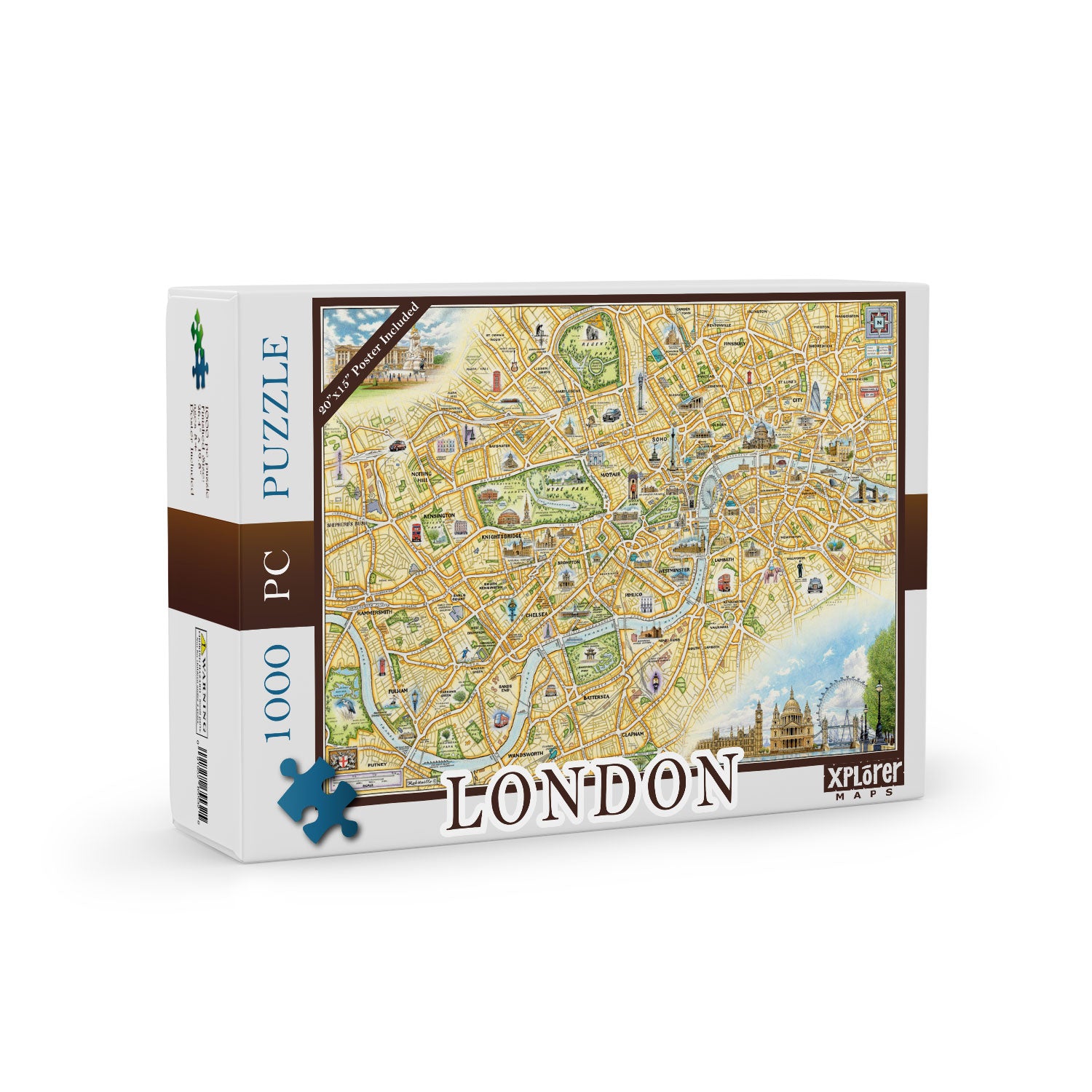 London Map Jigsaw Puzzles by Xplorer Maps. The map features the intricate city layout of London, England. Featured illustrations include a double-decker red bus, Kensington, Buckingham Palace, and Regent's Park.