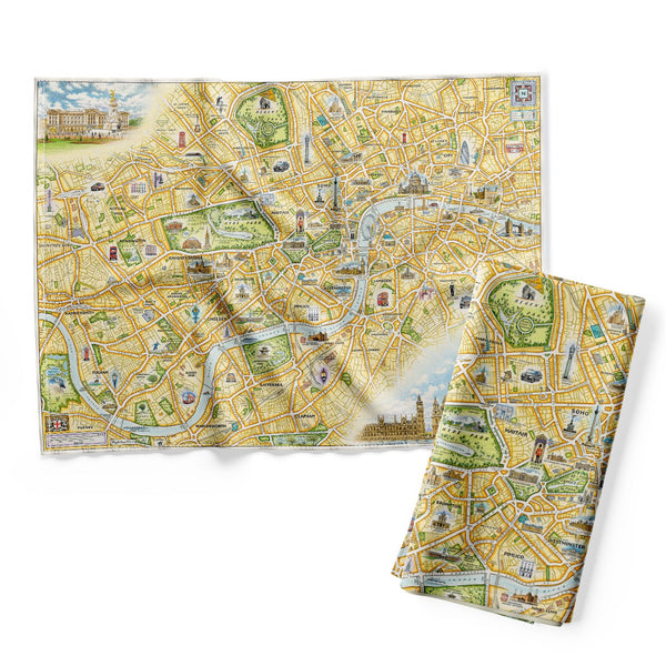 London Map Kitchen Towels by Xplorer Maps. The map features Big Ben, Buckingham Palace, Tower Bridge, and The London Eye, or the Millennium Wheel, Farris Wheel.