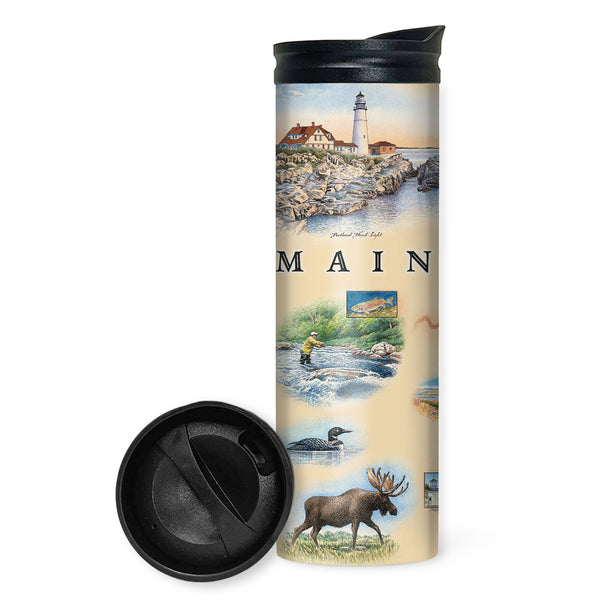 Maine State Map Travel Drinkware by Xplorer Maps. The map features illustrations of people whitewater rafting, fishing, and canoeing. Other illustrations include Cadillac Mountain, Acadia National Park, and Rangeley Lake. Flora and fauna include beaver, lobster, and moose.