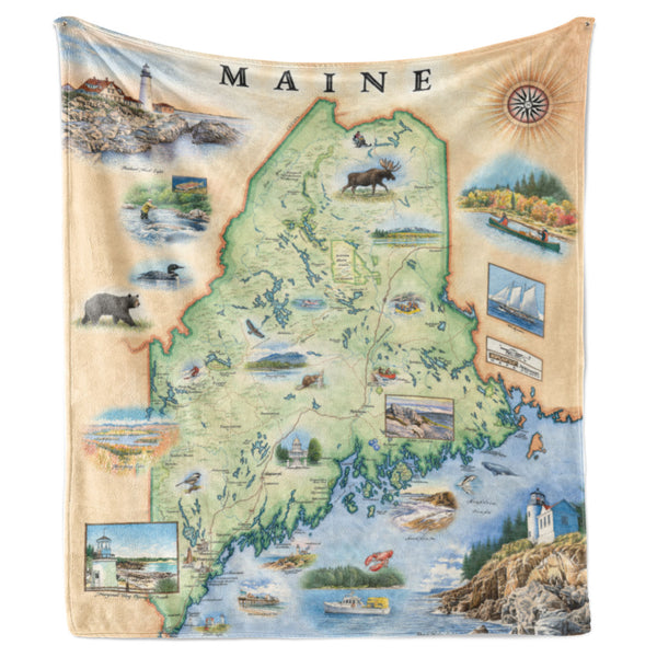Hanging blanket with a map of the state of Maine on it. Soft and cozy fleece blanket.