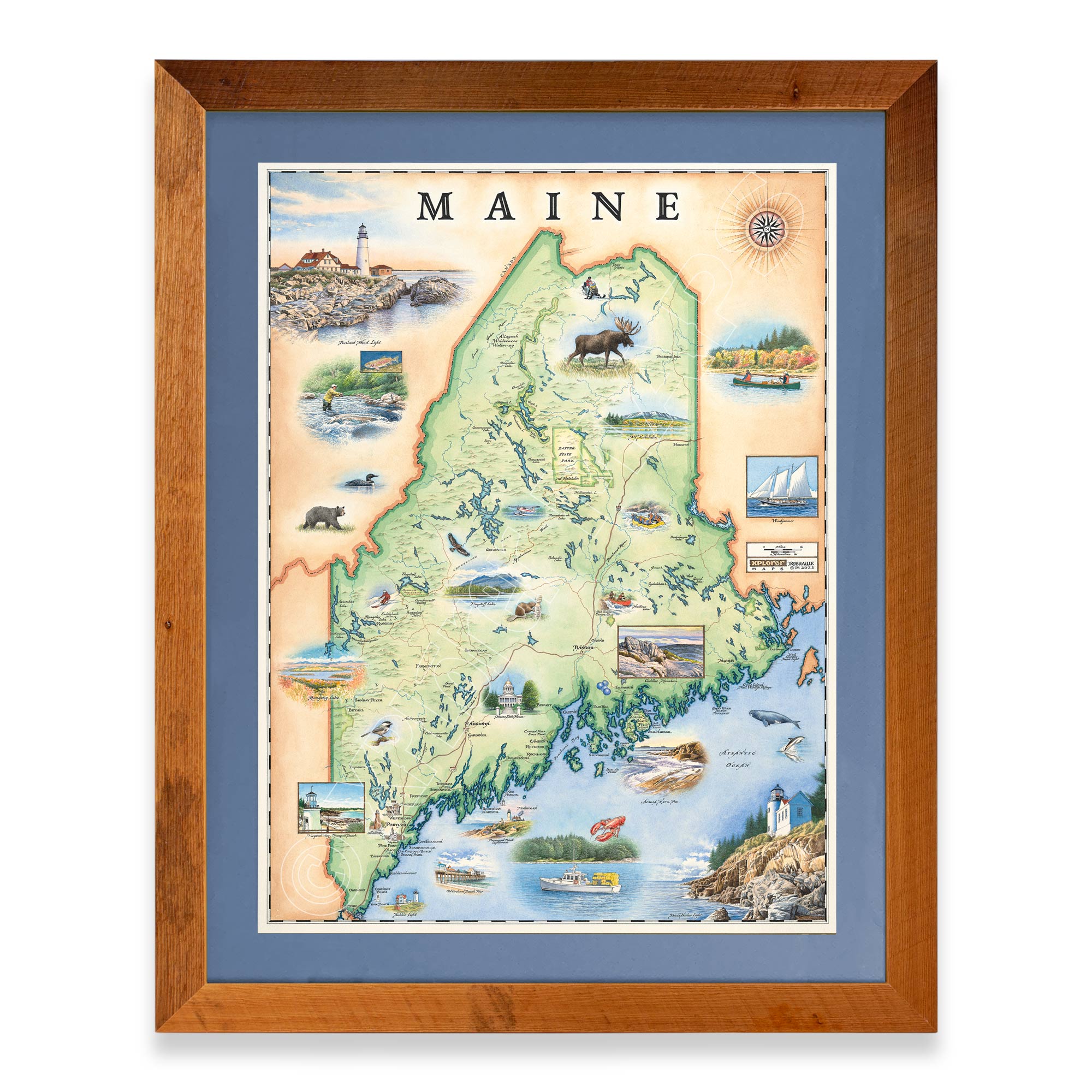 Maine State hand-drawn map in a Montana Flathead Lake reclaimed larch wood frame and blue mat. 