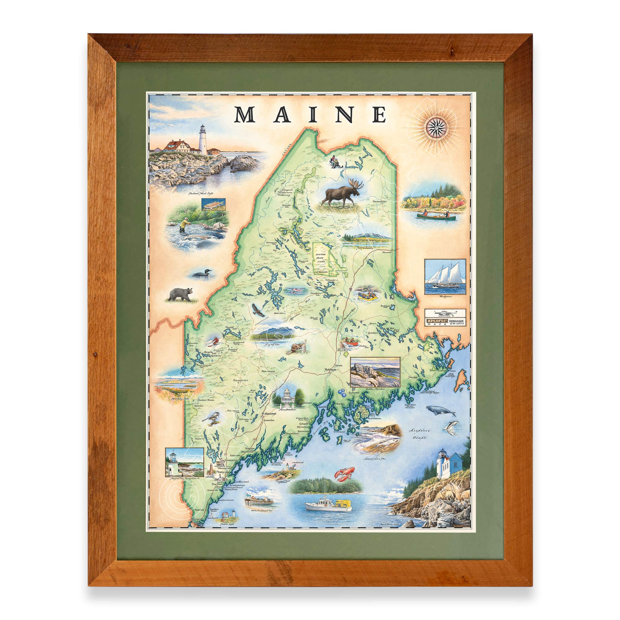 Maine State framed hand-drawn map. The print is framed in  Montana's Flathead Lake Larch with a green mat. 