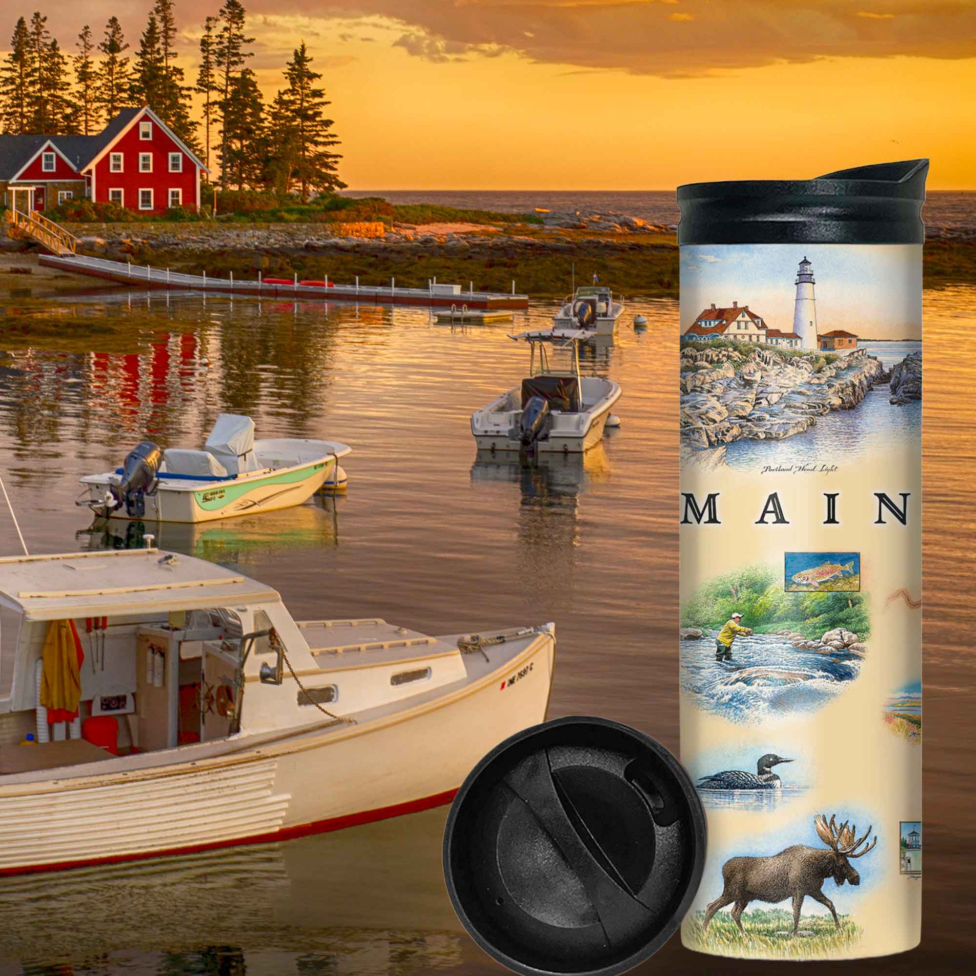 Maine State Map Travel Drinkware bottle with boast and a house on a lake during a sunset. The map features illustrations of people whitewater rafting, fishing, and canoeing. Other illustrations include Cadillac Mountain, Acadia National Park, and Rangeley Lake. Flora and fauna include beaver, lobster, and moose.