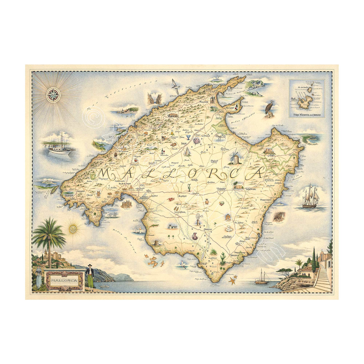 Mallorca Island Hand Drawn Map Xplorer Maps   Mallocra Map Watermarked Web 2000px 0423 1200x 