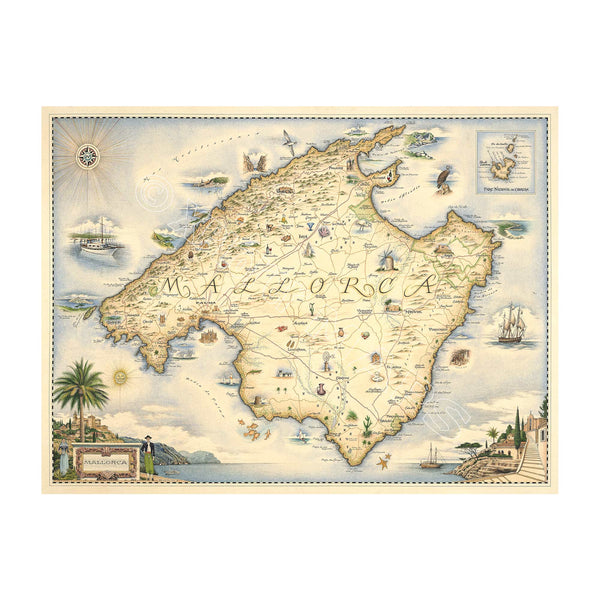 Mallorca Island hand-drawn map in earth tones brown and beige. Located off the coast of Spain. The map  Includes illustrations of Capital Palma, Moorish Almudaina royal palace, and 13th-century Santa María Cathedral. Flora & Fauna including birds, fish, Palm Trees, and Starfish.Measures 24x18."