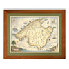 Mallorca Island framed hand-drawn map. The print is framed in  Montana's Flathead Lake Larch with a green mat. 