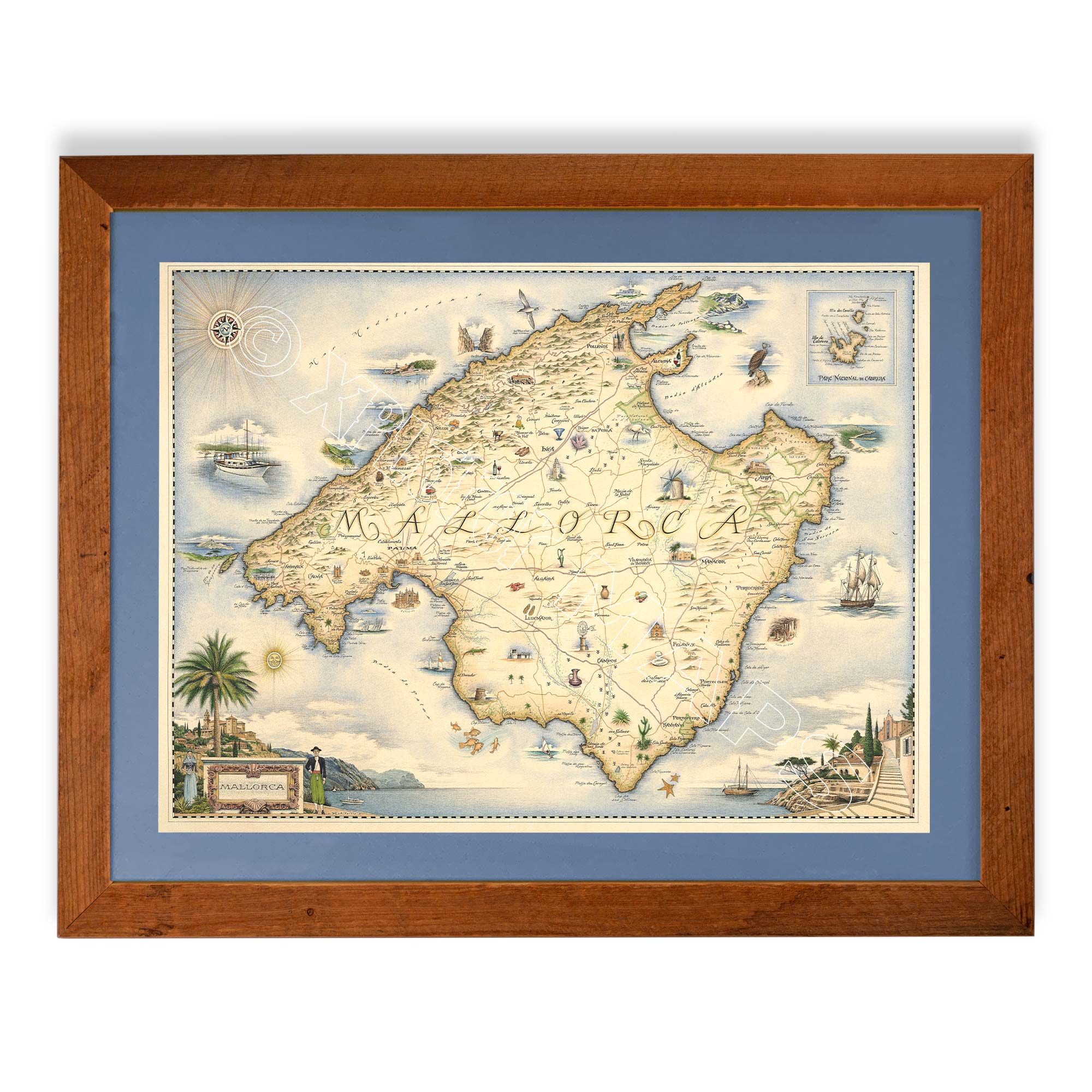Mallorca Island hand-drawn map in a Montana Flathead Lake reclaimed larch wood frame and blue mat. 