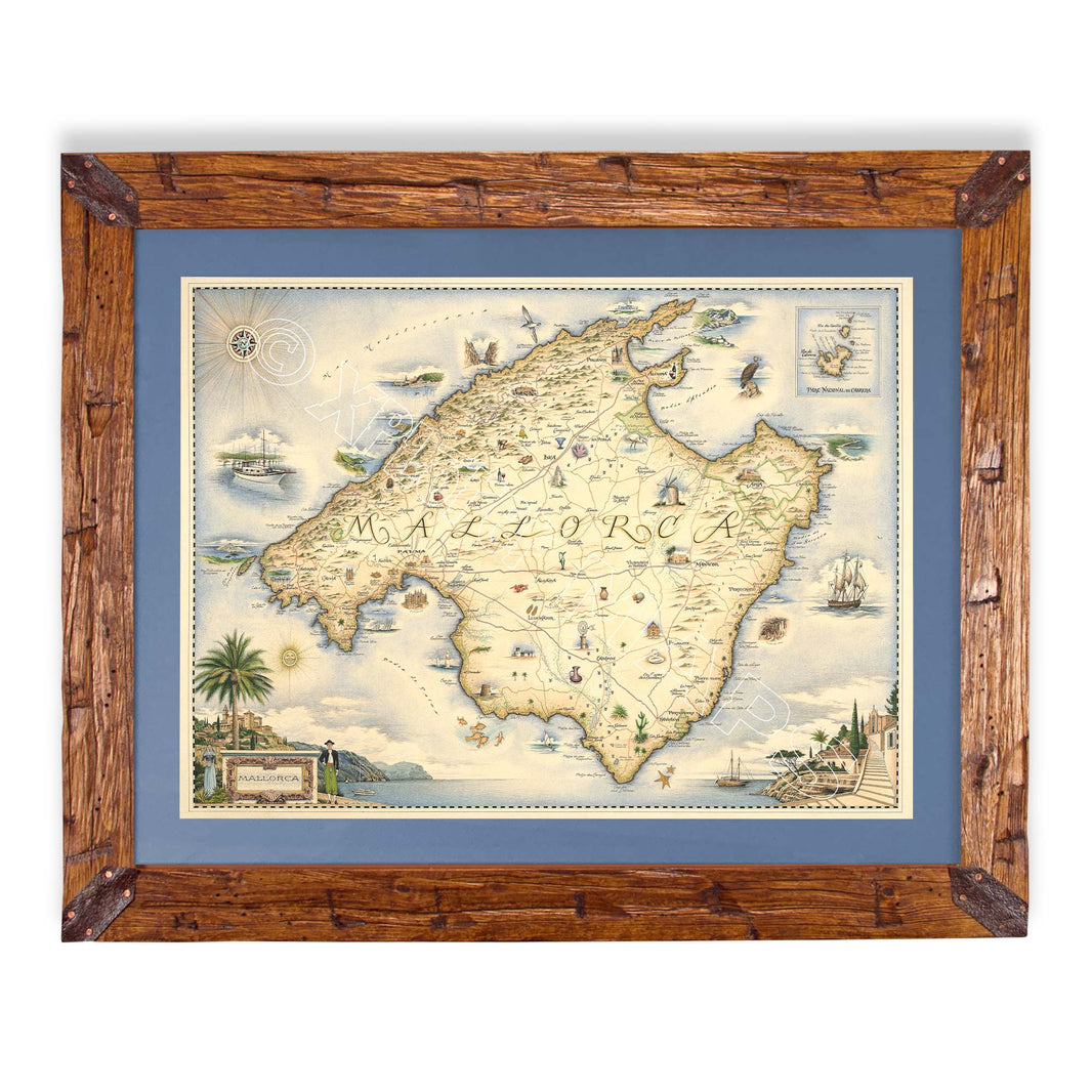 Mallorca Island Hand Drawn Map Xplorer Maps   Mallorca Map Framed Pine Blue Mat 2000x 0423 1066x 