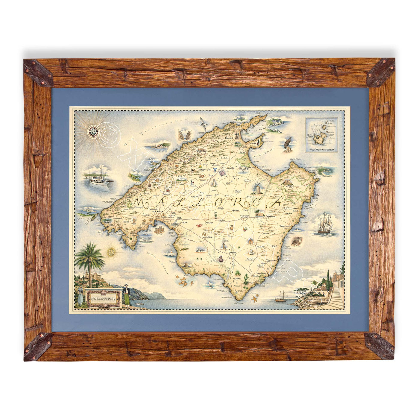 Mallorca Island Hand Drawn Map Xplorer Maps   Mallorca Map Framed Pine Blue Mat 2000x 0423 1400x 