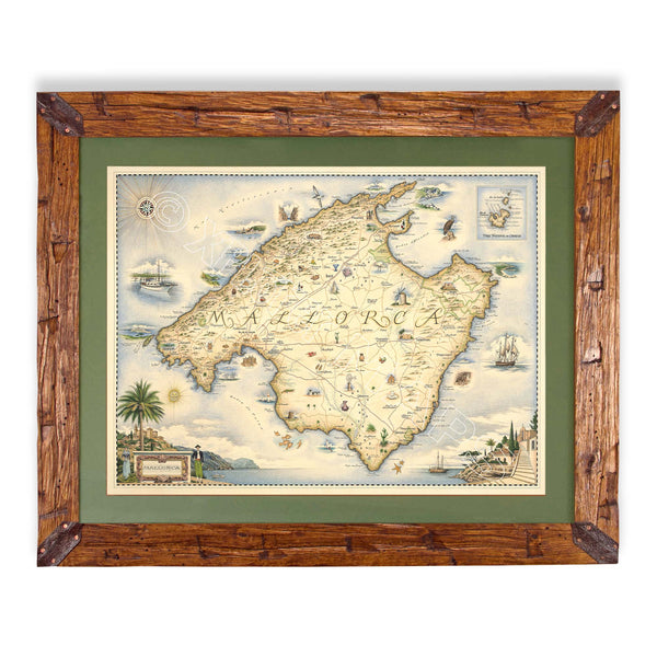 Mallorca Island hand-drawn map in earth tones blues and greens. The map print is framed in Montana hand-scraped pine with a green mat.