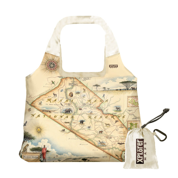 Masai Mara Map Pouch Tote Bags by Xplorer Maps. The map features illustrations such as elephant, ostrich, giraffe, lion, rhinoceros, Mara Serena Lodge, Mara Intrepids Camp, and Keekorok Lodge. 