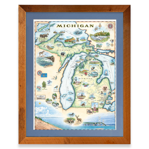 Michigan State framed hand-drawn map. The print is framed in  Montana's Flathead Lake Larch with a blue mat. 