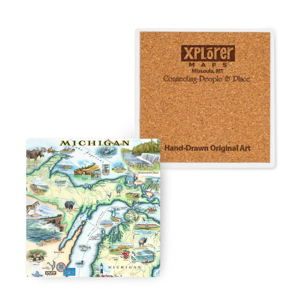 4"x4" Michigan State Map Ceramic Coasters by Xplorer Maps. Featuring the Great Lakes, Detroit, Ann Arbor, Grand Rapids, and Lansing. The Print also features Nature, animals, ducks, deer, fish, moose lighthouses, wolverines, and the Mackinac Bridge.