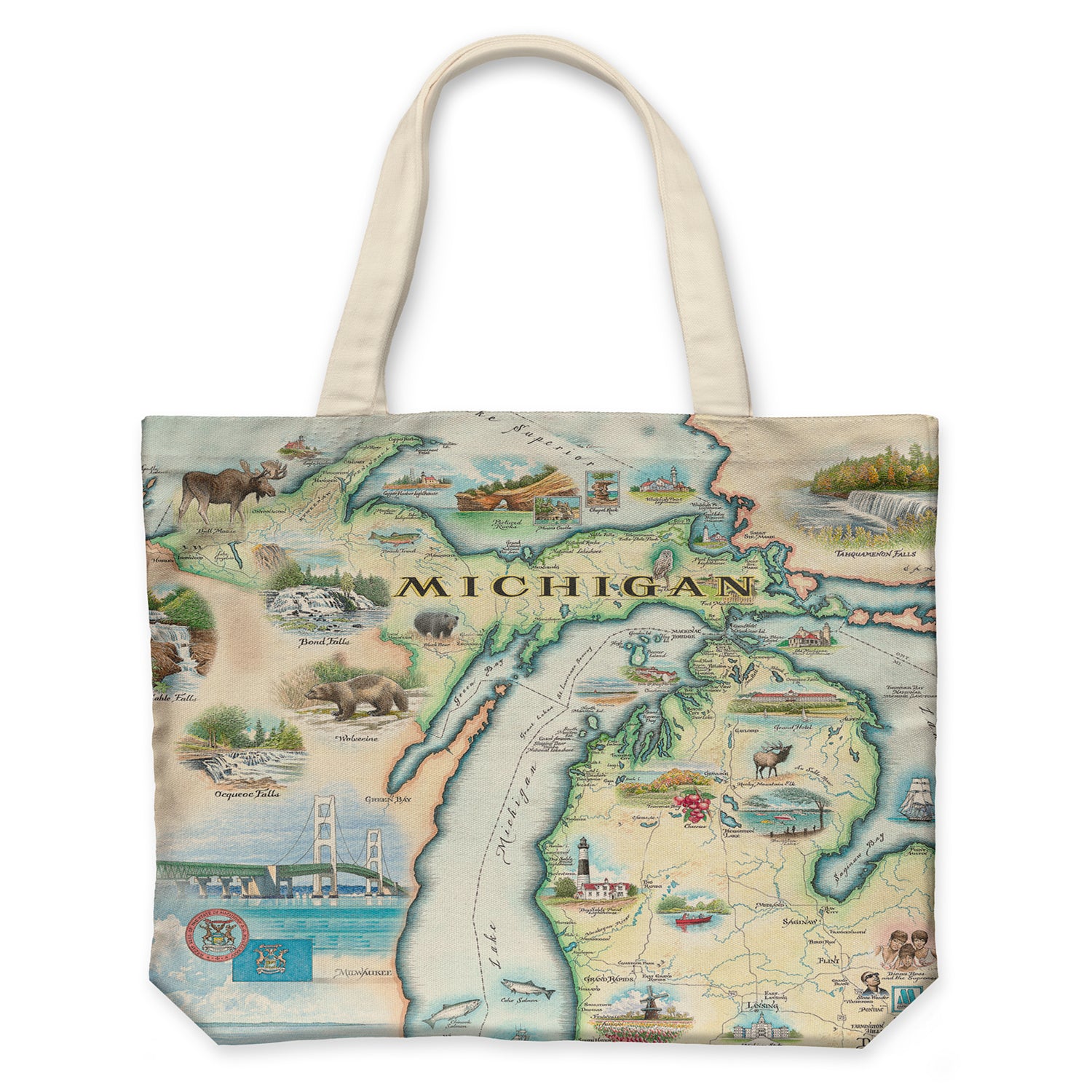 Michigan Canvas Tote Bags by Xplorer Maps. Featuring the Great Lakes, Detroit, Ann Arbor, Grand Rapids, and Lansing. The Print also features Nature, animals, ducks, deer, fish, moose lighthouses, wolverines, and the Mackinac Bridge.
