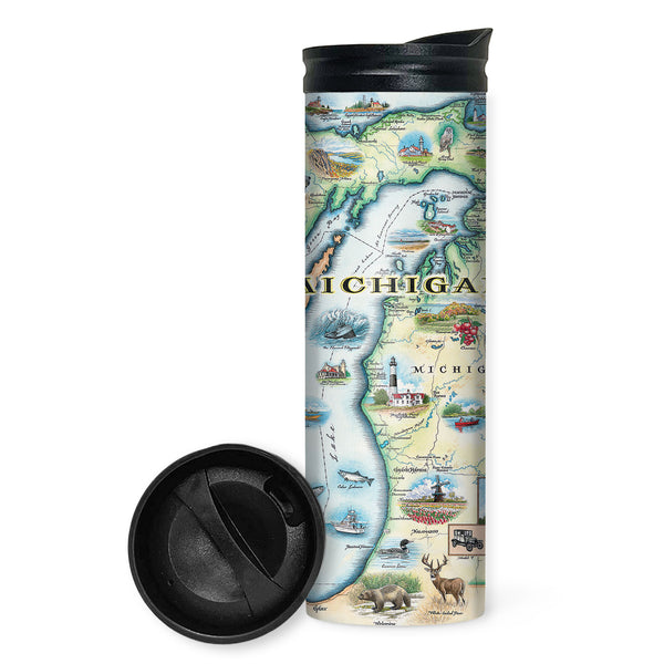 Michigan State Map 16 oz travel drinkware in blue and green. Featuring wolverine, seer, ducks, loons, lighthouse, Upper Peninsula, and great lakes.