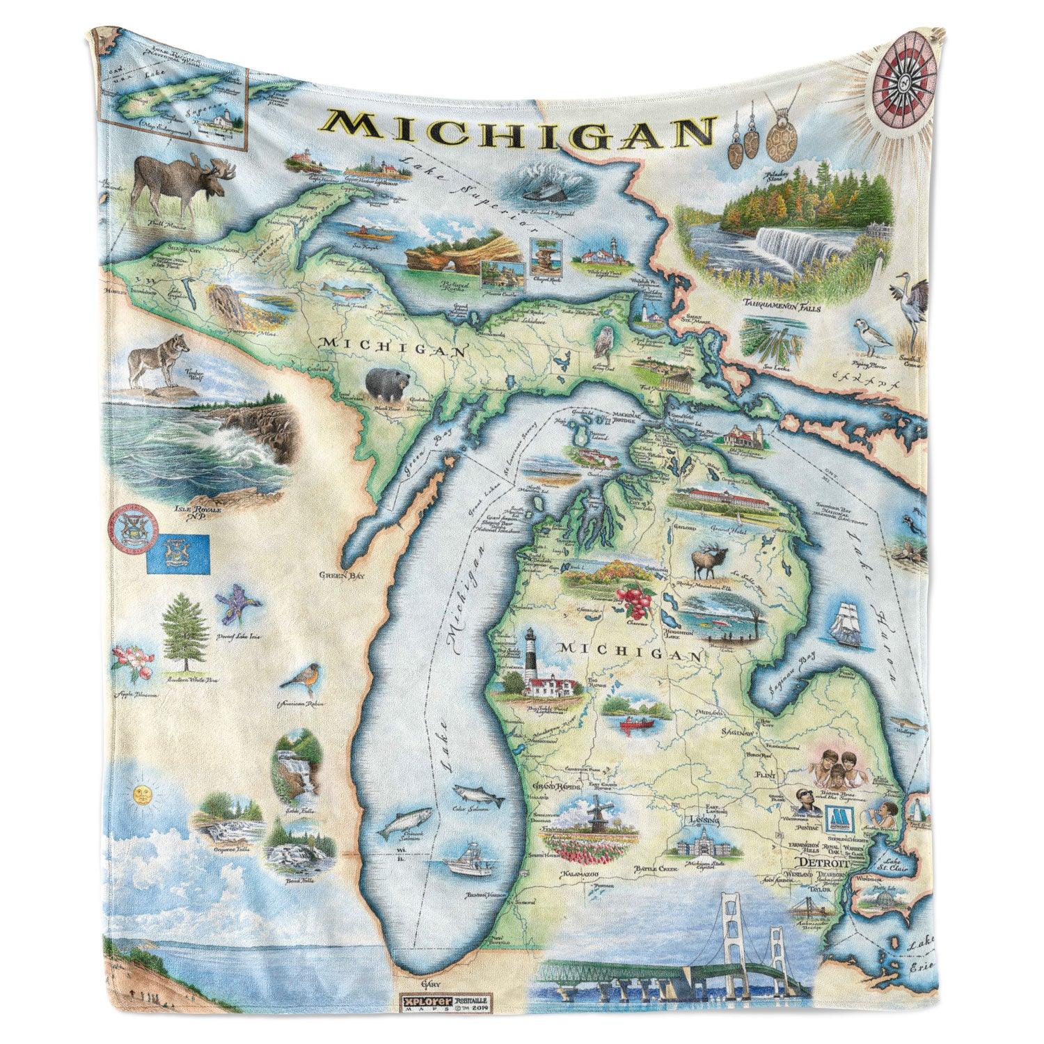 Hanging blanket with a map of the state of Michigan on it. Artistic map on a cozy fleece blanket.
