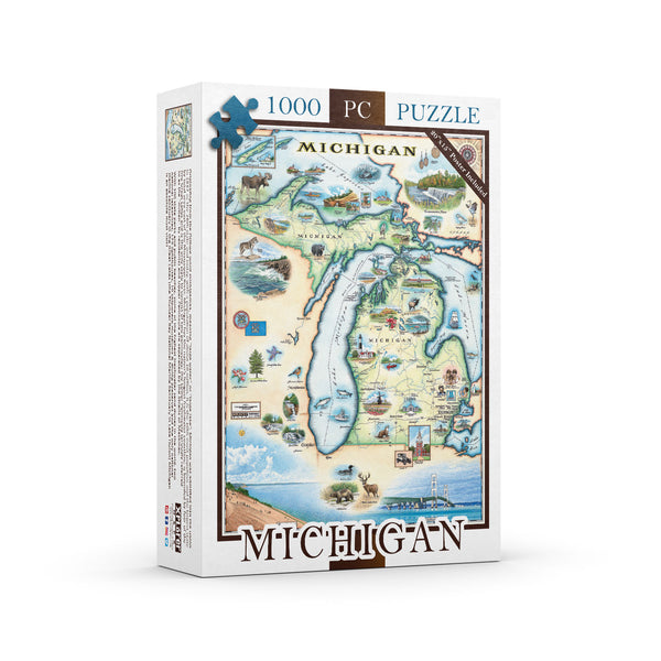 Michigan State Map Jigsaw Puzzle by Xplorer Maps.  Featuring the Great Lakes, Detroit, Ann Arbor, Grand Rapids, and Lansing in earth tones colors. The Print also features Nature, animals, ducks, deer, fish, moose lighthouses, wolverines, and the Mackinac Bridge.