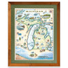 Michigan State framed hand-drawn map. The print is framed in  Montana's Flathead Lake Larch with a green mat. 