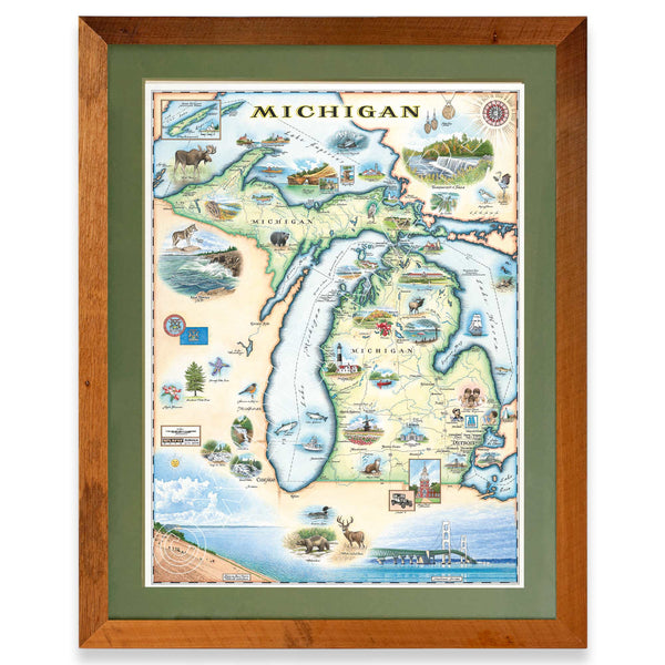 Michigan State framed hand-drawn map. The print is framed in  Montana's Flathead Lake Larch with a green mat. 