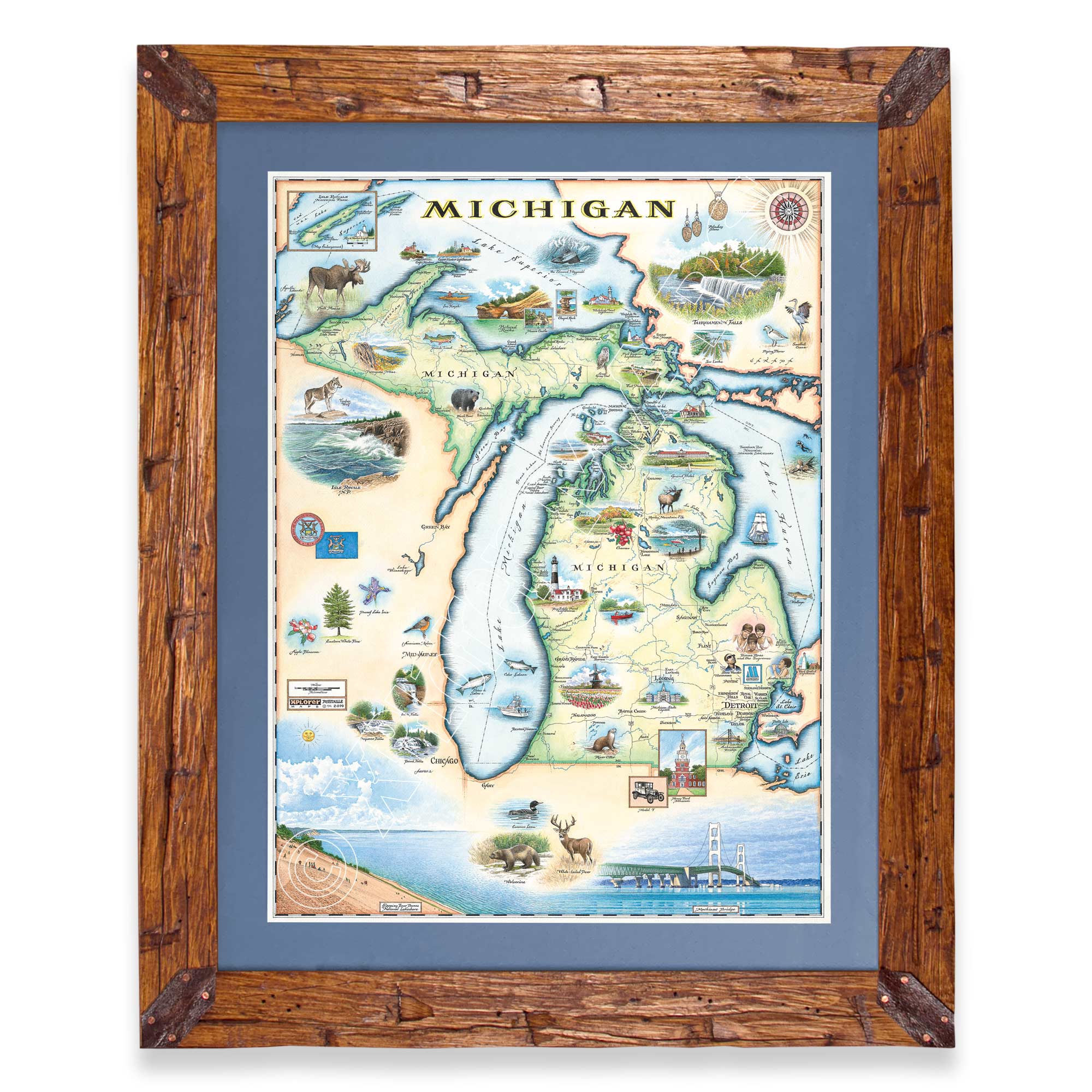 Michigan State framed hand-drawn map. The print is framed in  Montana's Flathead Lake Larch with a blue mat. 