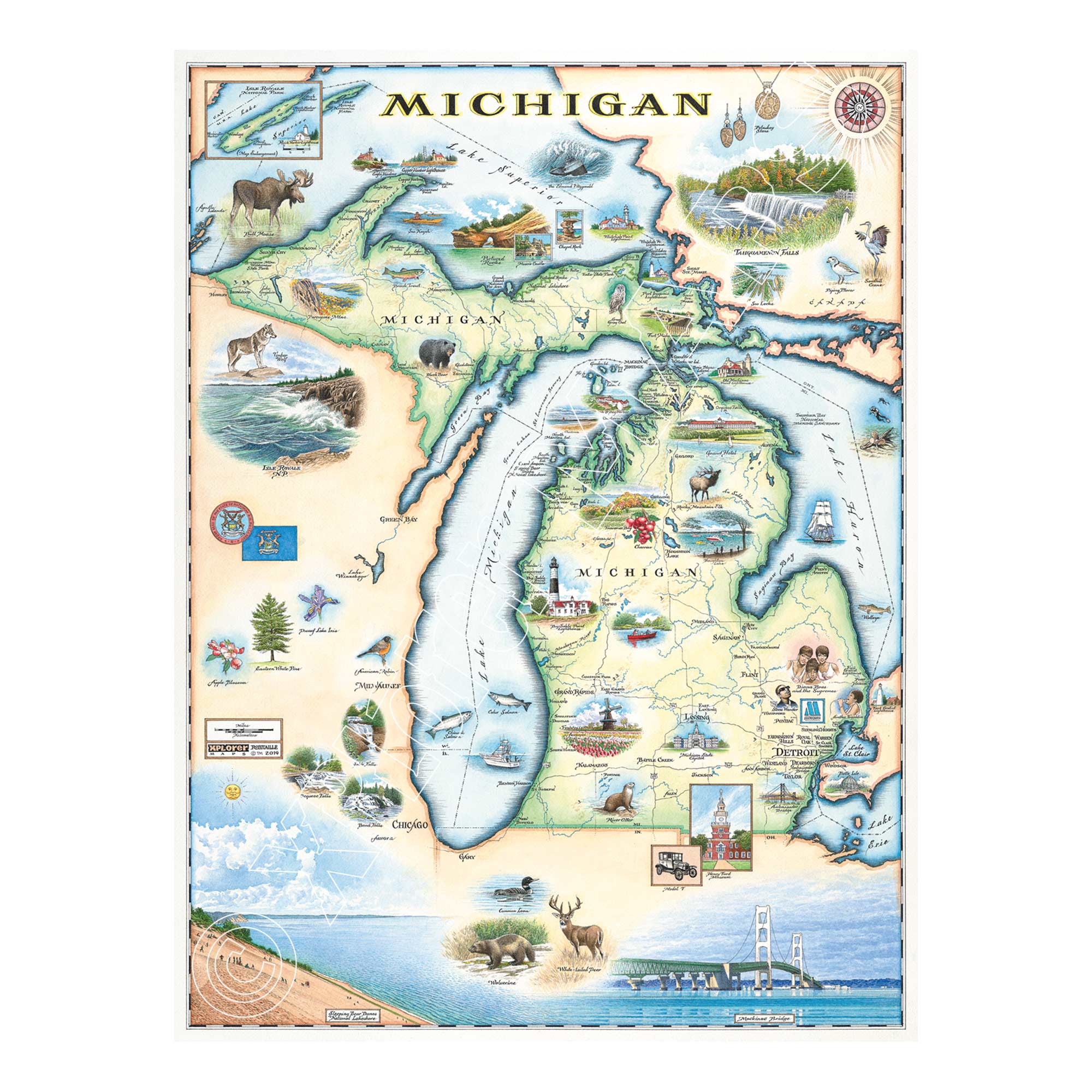 Michigan State Hand-Drawn Map in earth tones. Featuring the Great Lakes, Detroit, Ann Arbor, Grand Rapids, and Lansing in earth tones colors. The Print also features Nature, animals, ducks, deer, fish, moose lighthouses, wolverines, and the Mackinac Bridge. Measures 18x24.