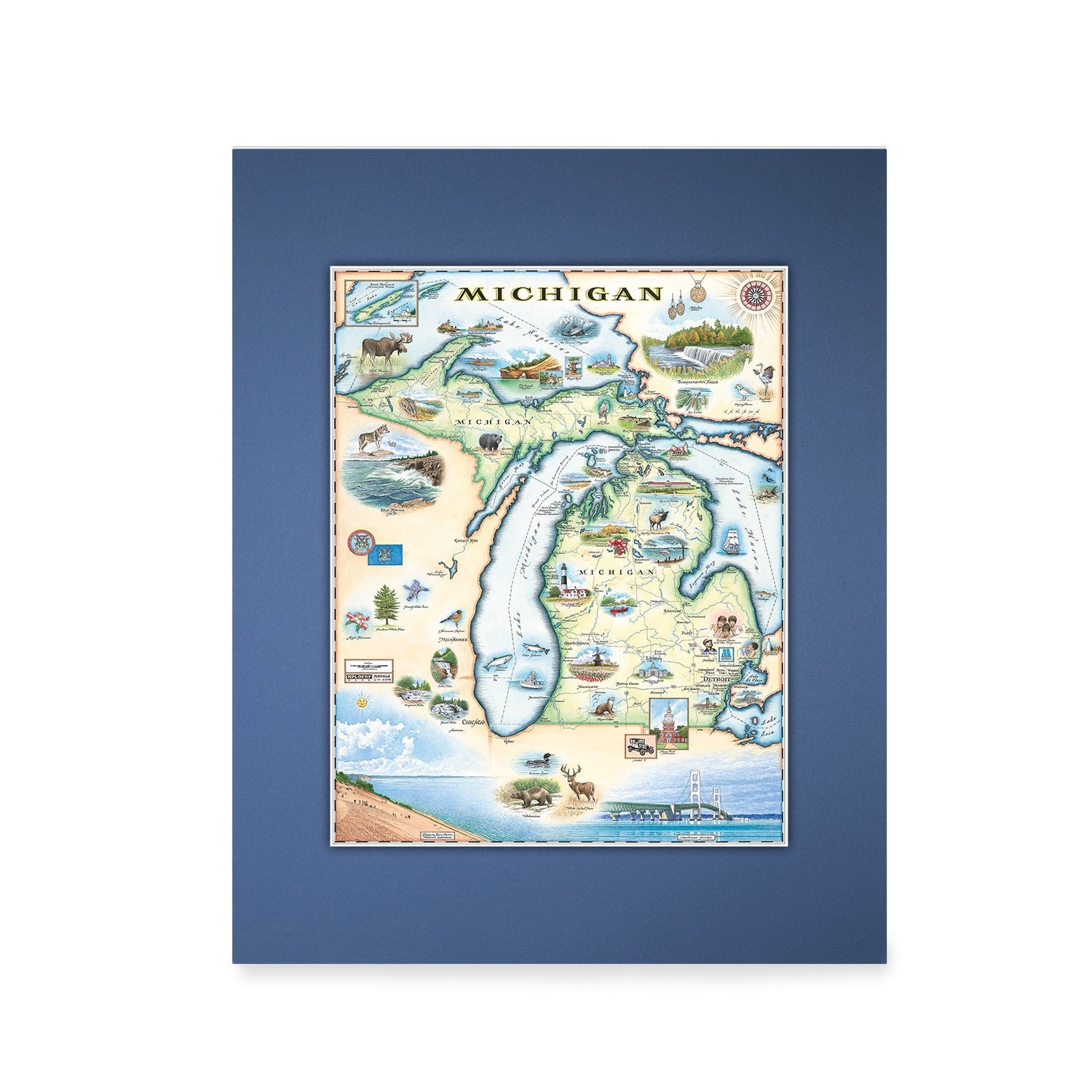 Michigan State Mini-Map by Xplorer Maps in Earth tones. Featuring the Great Lakes, Detroit, Ann Arbor, Grand Rapids, and Lansing. The Print also features Nature, animals, ducks, deer, fish, moose lighthouses, wolverines, and the Mackinac Bridge.